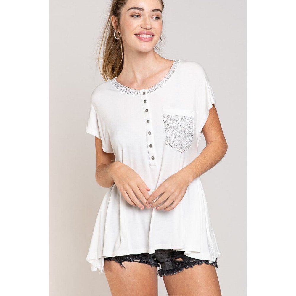 POL CLOTHING White Flowy Sequin Sparkle Top Shirt Tunic New FKT271